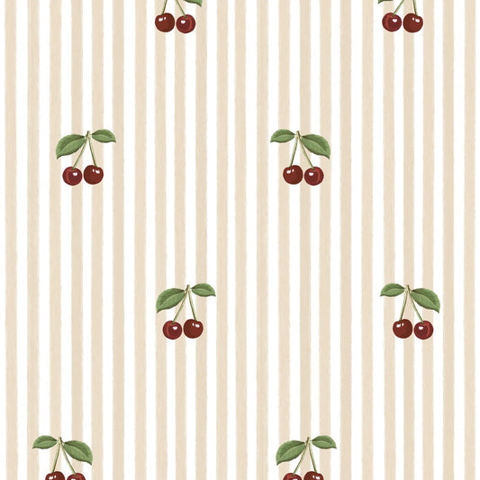 Little Cherries on Beige Stripes Wallpaper